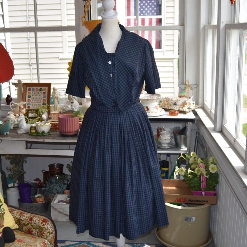 Vintage 1950s Nancy Greer New York Blue Gingham Full Skirt Day Dress M